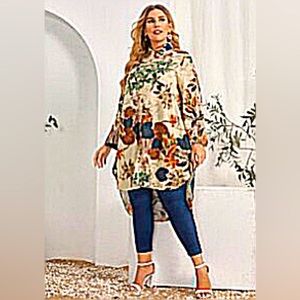 Plus Floral Print Dip Hem Tunic Blouse